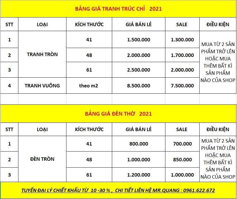 Bảng giá tranh trúc chỉ, đèn thờ 2021