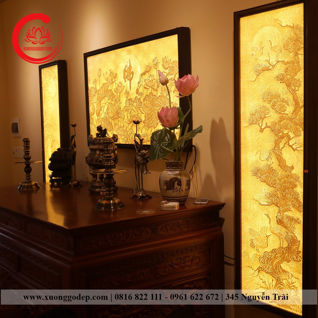 phòng thờ đẹp, bàn thờ, tranh trúc chỉ, bộ gốm sứ thờ